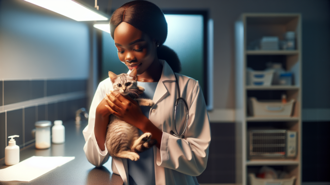 A veterinarian in a white coat holds a cat in a clinic.