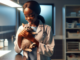 A veterinarian in a white coat holds a cat in a clinic.