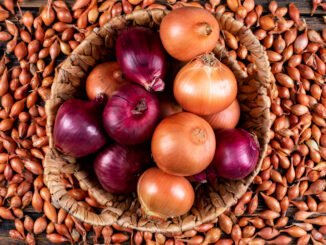 A basket of onions as well as onion seeds